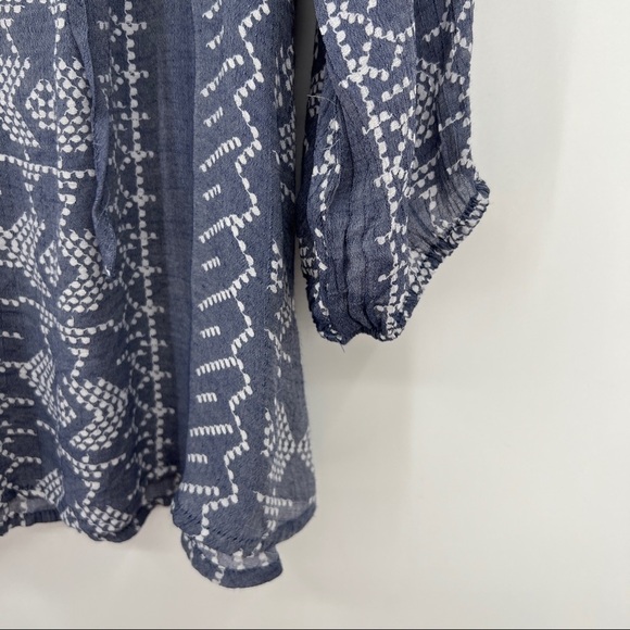 Fred David Geometric Three Quarter Sleeves Scoopneck Drawstring Blue Blouse - Picture 4 of 7